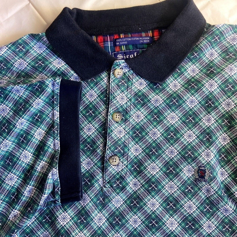 Siegfried‎ XL Green Navy Blue Plaid Golf Design Cotton Short Sleeve Polo Shirt